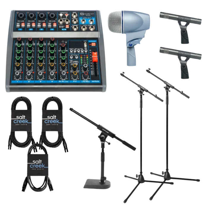 The Drum Set Coach Practice Package featuring a SoundBarrier MGX6U mixing console, a silver microphone, two black microphones, three JamStands microphone stands, and four audio cables.