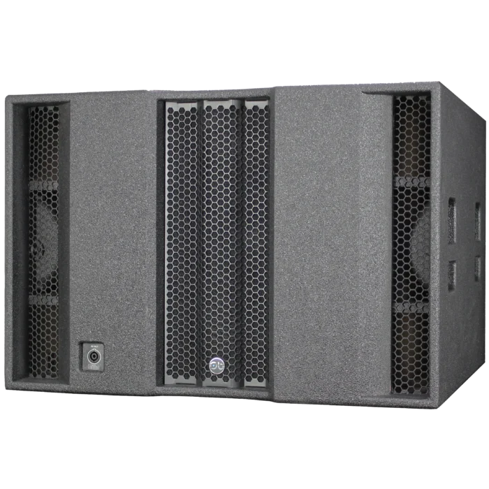 Angled view of the Sound Barrier SWX121 subwoofer showing enclosure design and porting