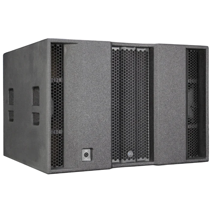 Angled view of the Sound Barrier SWX121 subwoofer showing enclosure design and porting