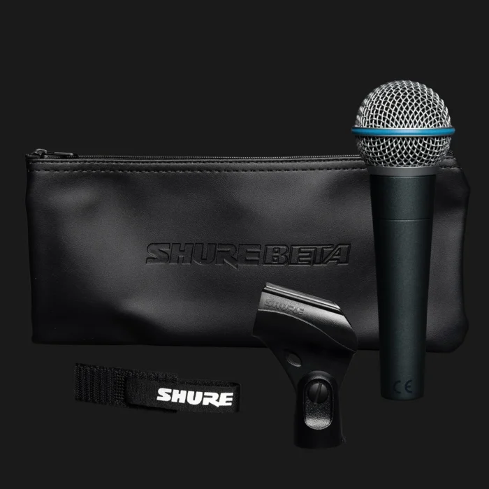 Shure-Beta-58A-Supercardioid-Dynamic-Vocal-Microphone-Bag-Clip-Cable-Tie-Front